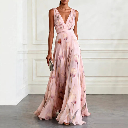 Elegant Floral Print V-Neck Long Dress