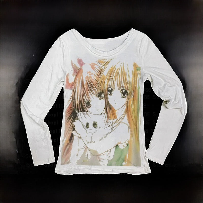 Long Sleeve Milk Silk Tshirt Retro Streetwear Top