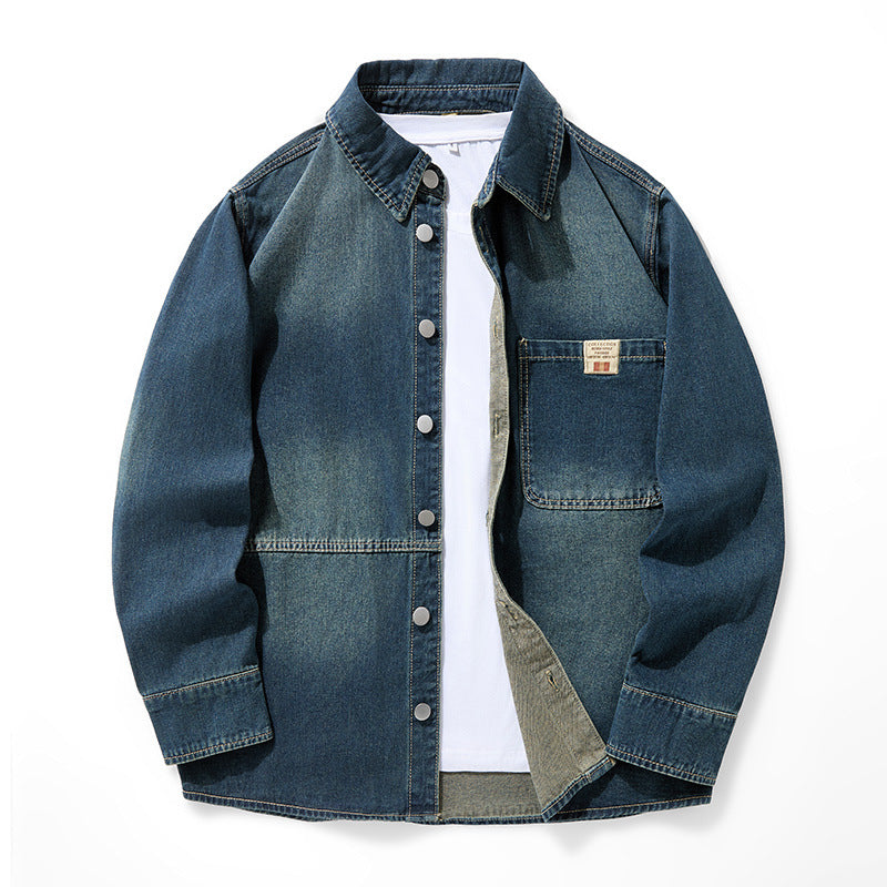 Mens Retro Denim Shirt Loose Casual Long Sleeve Washed Top