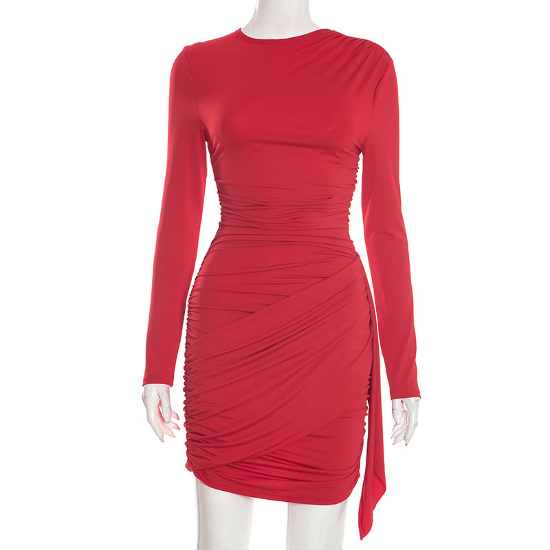 Solid-color ruched long-sleeve dress with ribbons