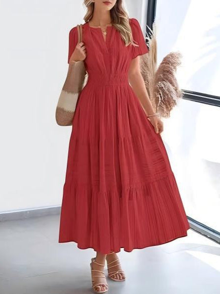 Short-Sleeve Spring/Summer Cross-Border European and American Fashion V-Neck Ruched Puff Sleeve Layered Flared Dress for Women