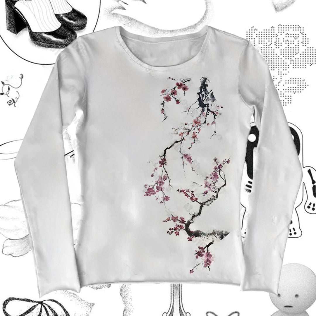Long Sleeve Milk Silk Tshirt Retro Streetwear Top