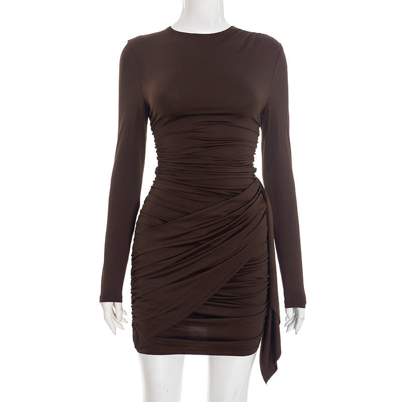 Solid-color ruched long-sleeve dress with ribbons