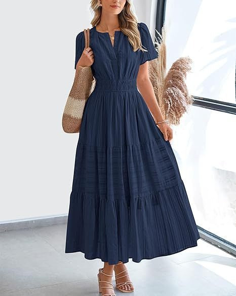 Short-Sleeve Spring/Summer Cross-Border European and American Fashion V-Neck Ruched Puff Sleeve Layered Flared Dress for Women