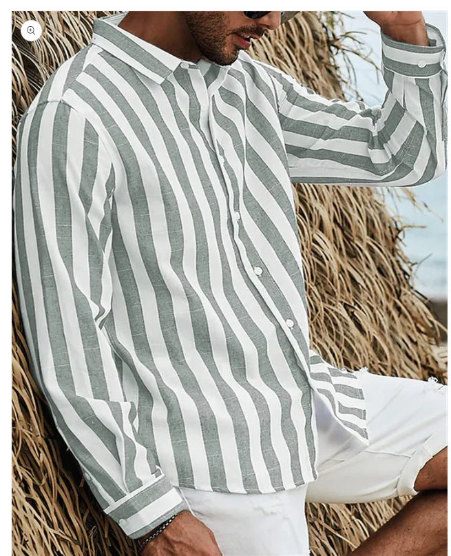 Mens Casual Long Sleeve Striped Loose Fit Shirt