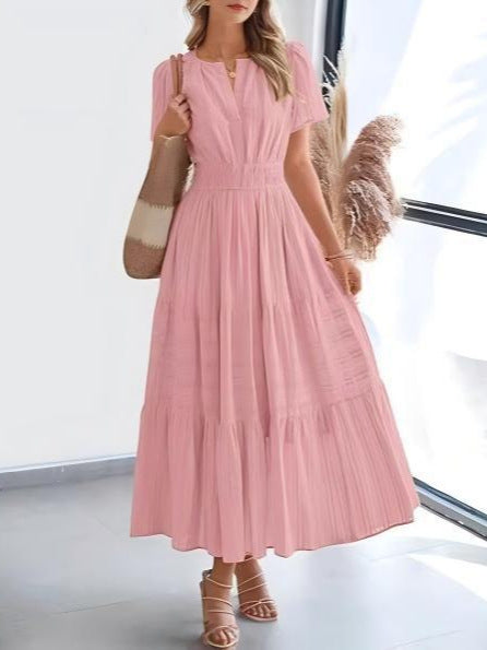 Short-Sleeve Spring/Summer Cross-Border European and American Fashion V-Neck Ruched Puff Sleeve Layered Flared Dress for Women