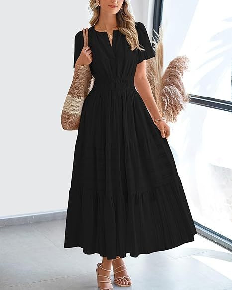 Short-Sleeve Spring/Summer Cross-Border European and American Fashion V-Neck Ruched Puff Sleeve Layered Flared Dress for Women