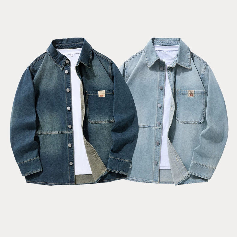 Mens Retro Denim Shirt Loose Casual Long Sleeve Washed Top