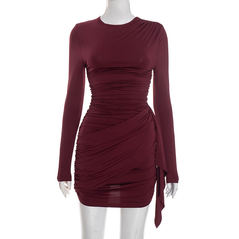 Solid-color ruched long-sleeve dress with ribbons