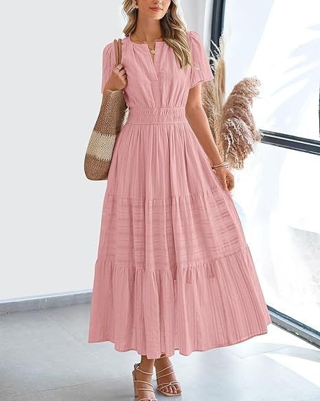 Short-Sleeve Spring/Summer Cross-Border European and American Fashion V-Neck Ruched Puff Sleeve Layered Flared Dress for Women