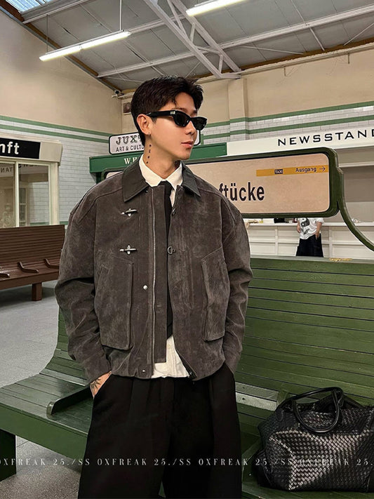 Mens Faux Suede Work Jacket with Airplane Buckle