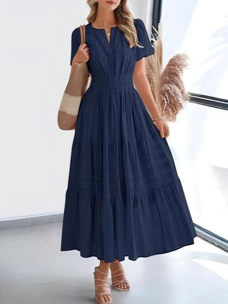 Short-Sleeve Spring/Summer Cross-Border European and American Fashion V-Neck Ruched Puff Sleeve Layered Flared Dress for Women