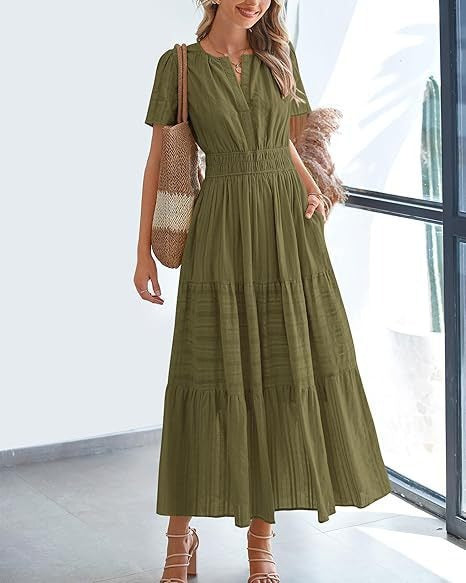 Short-Sleeve Spring/Summer Cross-Border European and American Fashion V-Neck Ruched Puff Sleeve Layered Flared Dress for Women