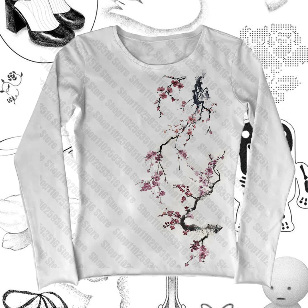 Long Sleeve Milk Silk Tshirt Retro Streetwear Top