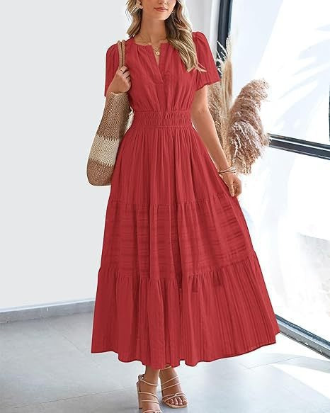 Short-Sleeve Spring/Summer Cross-Border European and American Fashion V-Neck Ruched Puff Sleeve Layered Flared Dress for Women