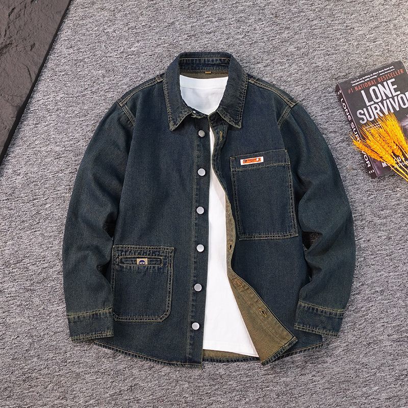 Mens Retro Denim Shirt Loose Casual Long Sleeve Washed Top