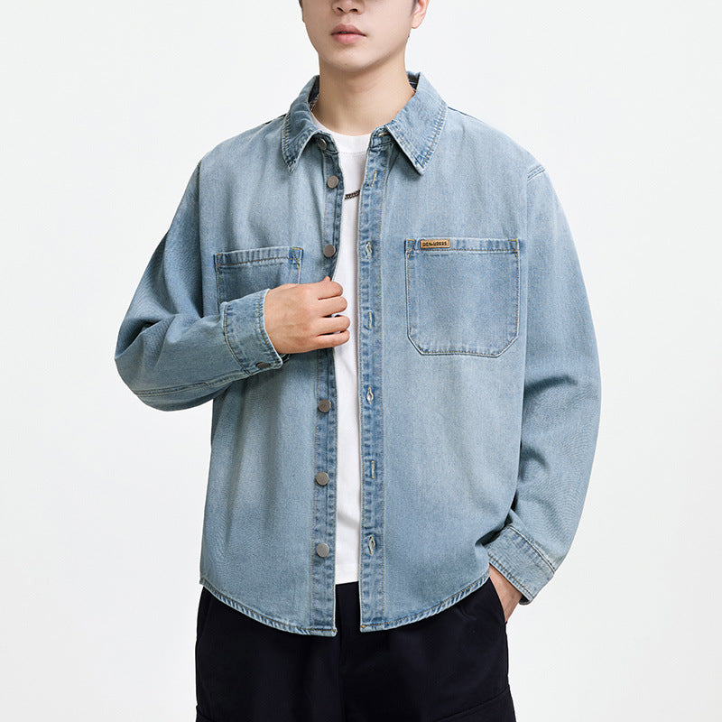 Mens Retro Denim Shirt Loose Casual Long Sleeve Washed Top