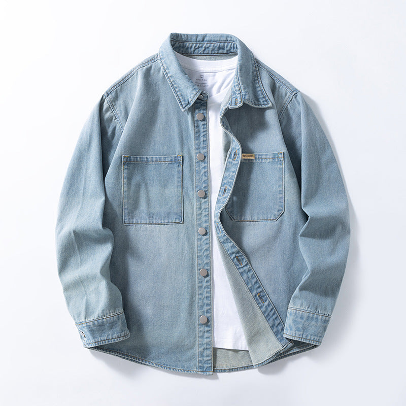 Mens Retro Denim Shirt Loose Casual Long Sleeve Washed Top