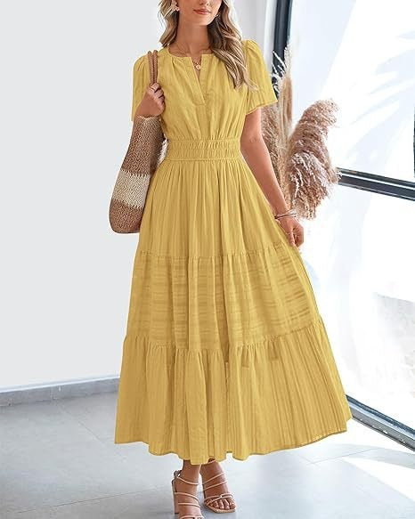 Short-Sleeve Spring/Summer Cross-Border European and American Fashion V-Neck Ruched Puff Sleeve Layered Flared Dress for Women