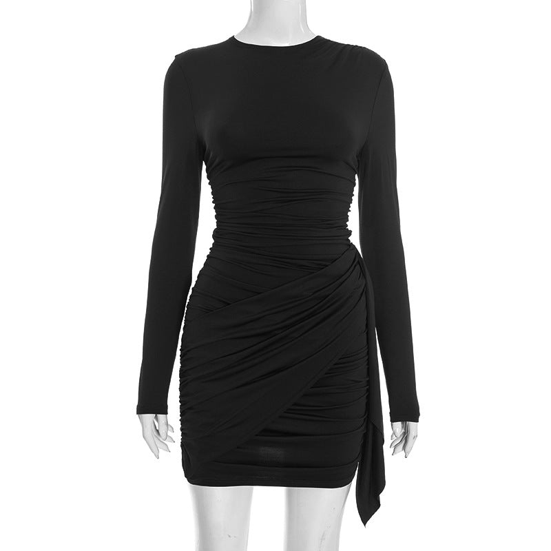 Solid-color ruched long-sleeve dress with ribbons