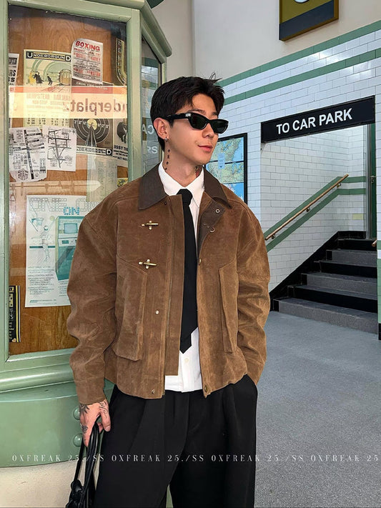 Mens Faux Suede Work Jacket with Airplane Buckle