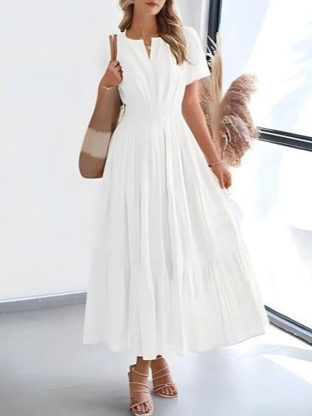 Short-Sleeve Spring/Summer Cross-Border European and American Fashion V-Neck Ruched Puff Sleeve Layered Flared Dress for Women