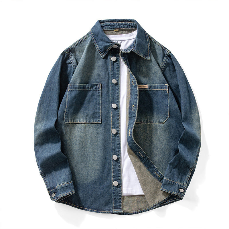 Mens Retro Denim Shirt Loose Casual Long Sleeve Washed Top