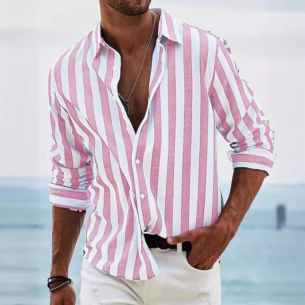 Mens Casual Long Sleeve Striped Loose Fit Shirt
