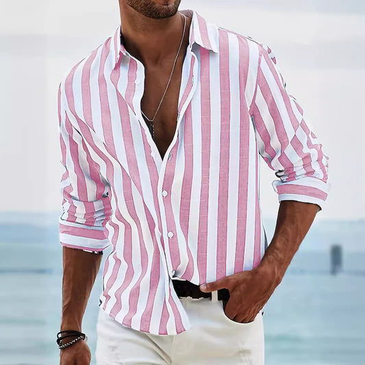 Mens Casual Long Sleeve Striped Loose Fit Shirt