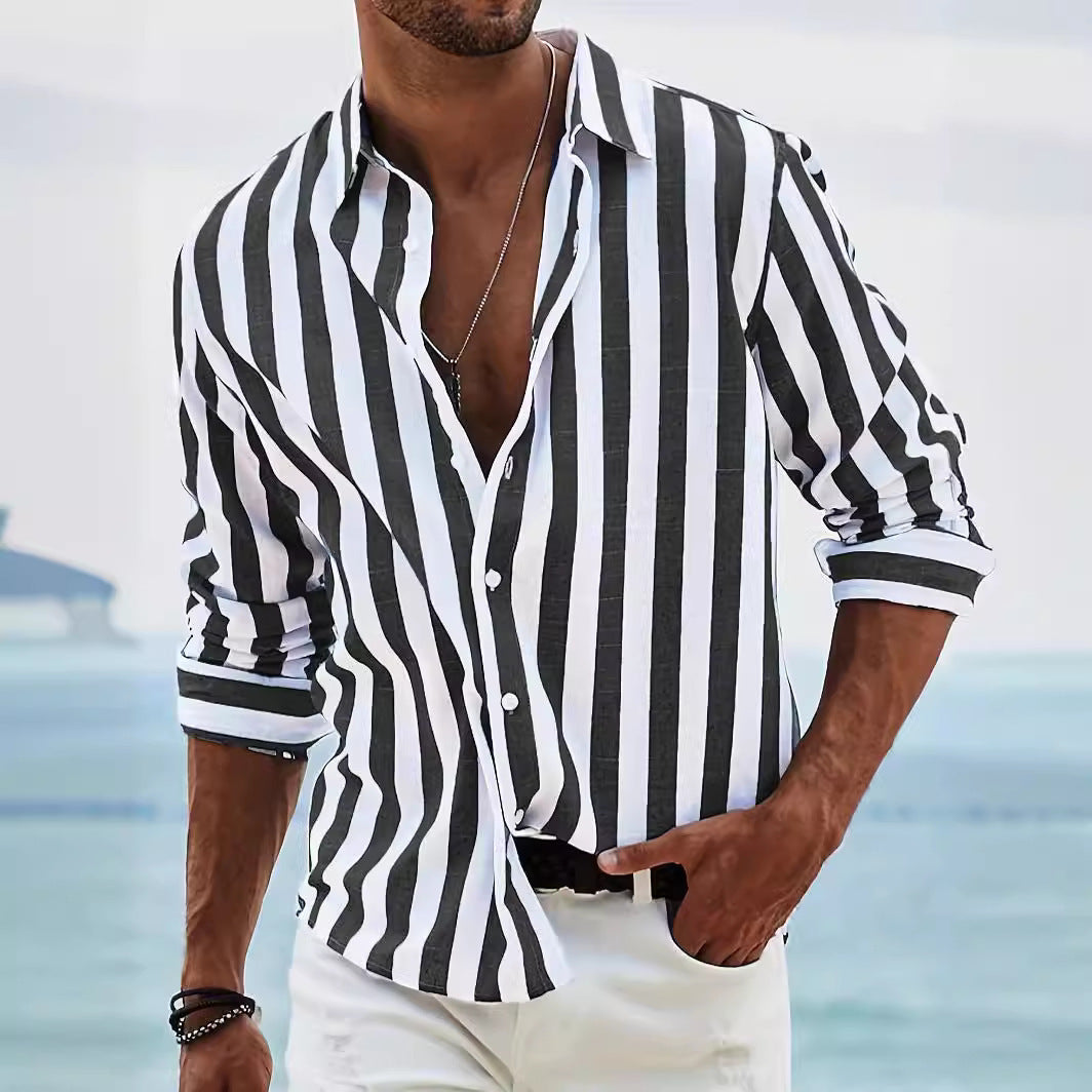 Mens Casual Long Sleeve Striped Loose Fit Shirt