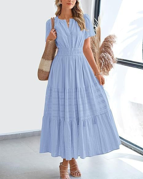 Short-Sleeve Spring/Summer Cross-Border European and American Fashion V-Neck Ruched Puff Sleeve Layered Flared Dress for Women