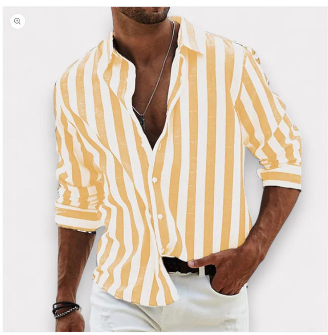 Mens Casual Long Sleeve Striped Loose Fit Shirt