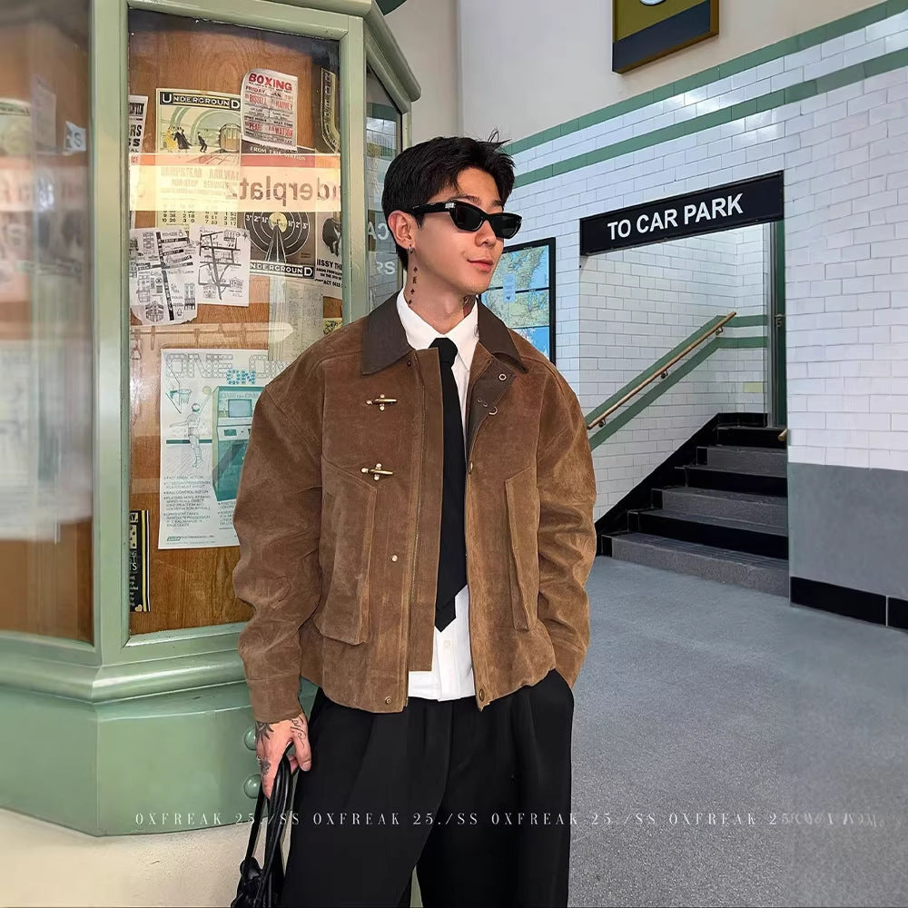 Mens Faux Suede Work Jacket with Airplane Buckle