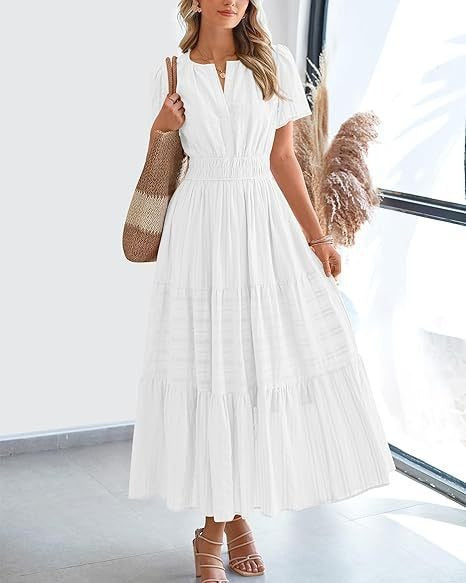 Short-Sleeve Spring/Summer Cross-Border European and American Fashion V-Neck Ruched Puff Sleeve Layered Flared Dress for Women
