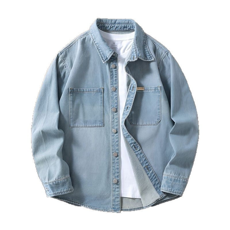 Mens Retro Denim Shirt Loose Casual Long Sleeve Washed Top