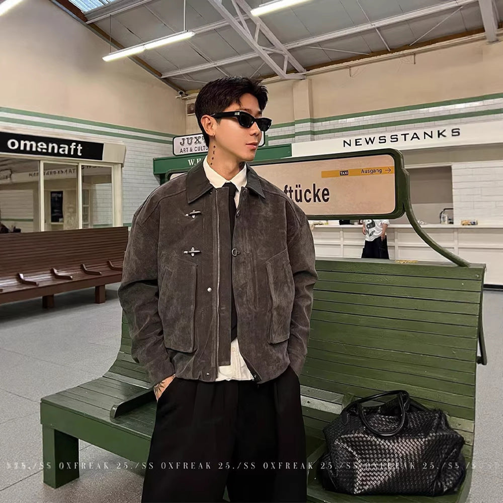 Mens Faux Suede Work Jacket with Airplane Buckle