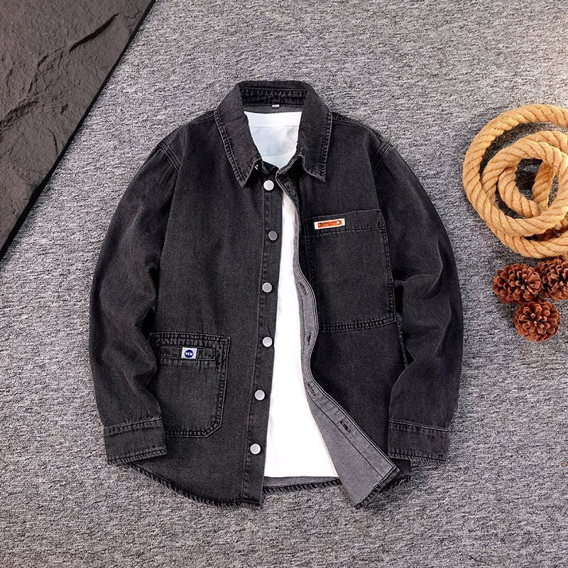 Mens Retro Denim Shirt Loose Casual Long Sleeve Washed Top