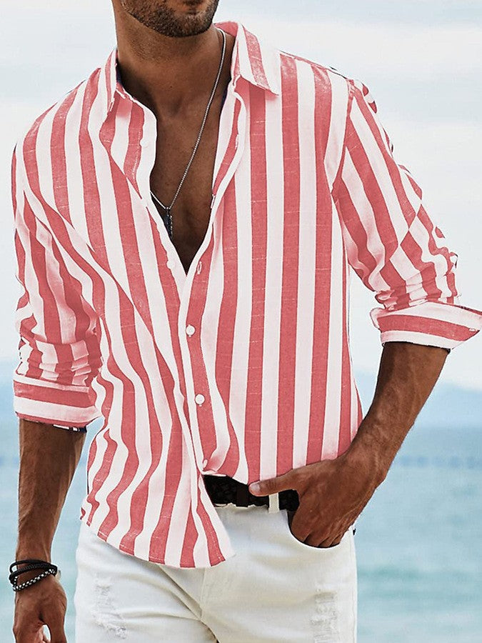 Mens Casual Long Sleeve Striped Loose Fit Shirt