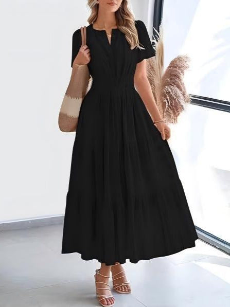 Short-Sleeve Spring/Summer Cross-Border European and American Fashion V-Neck Ruched Puff Sleeve Layered Flared Dress for Women