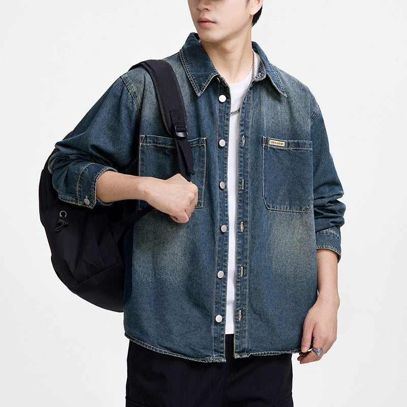 Mens Retro Denim Shirt Loose Casual Long Sleeve Washed Top